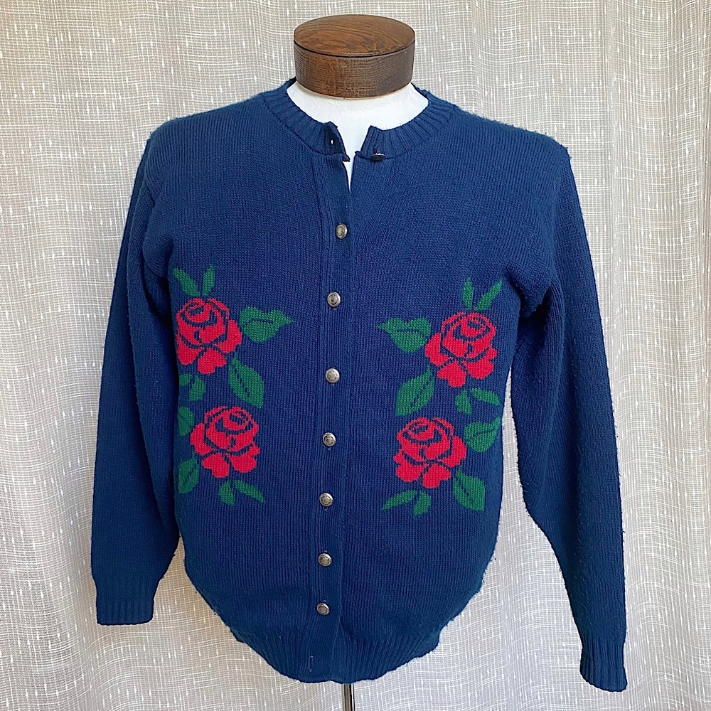 70s Vintage Rose Print Knit Cardigan